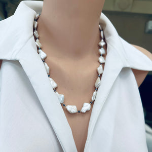 Diamond Shape White Pearls Necklace with Gold Filled and Black Pearls Details, 22"inches