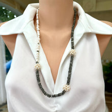 Load image into Gallery viewer, Natural Pyrite &amp; Fresh Water Pearl Necklace, Asymmetric Pearl Necklace, Sterling Silver, 28&quot;inch
