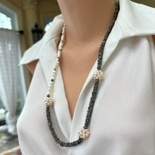 Load image into Gallery viewer, Natural Pyrite &amp; Fresh Water Pearl Necklace, Asymmetric Pearl Necklace, Sterling Silver, 28&quot;inch
