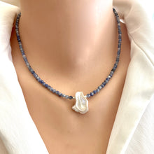 Load image into Gallery viewer, Blue Sodalite and White Keshi Pearl Minimalist Necklace, Sterling Silver, 17&quot;inches Long
