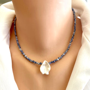 Blue Sodalite and White Keshi Pearl Minimalist Necklace, Sterling Silver, 16"inches Short