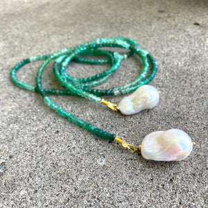 Single Strand Of Green Onyx Rondelle Beads & Two Baroque Pearls Lariat Wrap Necklace