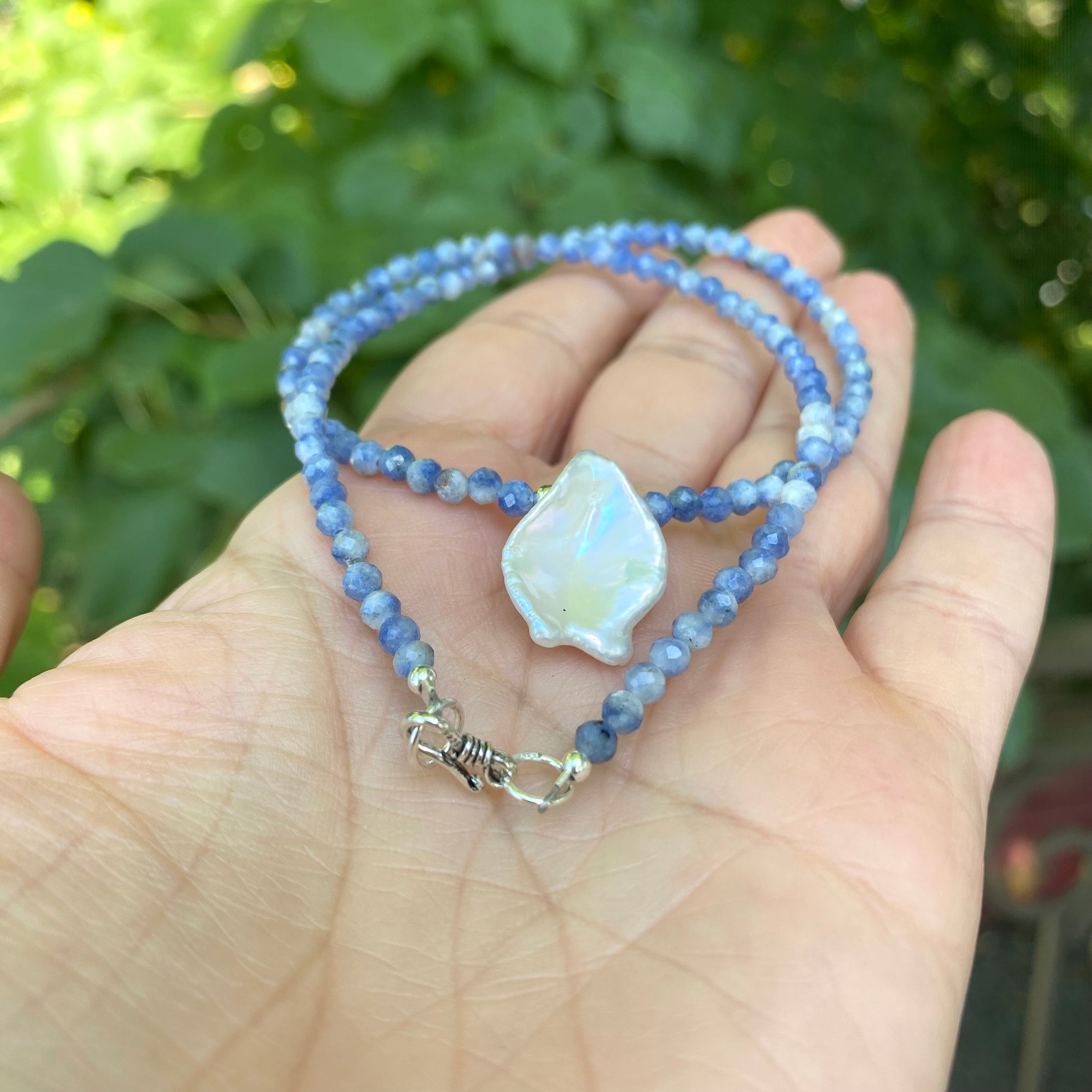 Blue Sodalite and White Keshi Pearl Beaded Necklace, Sterling Silver, 16