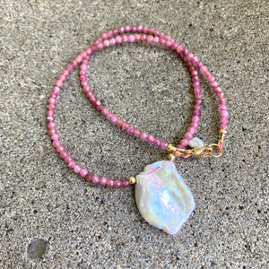 15.5"inches Short Tourmaline Necklace in Pink and Large Keshi Pearl