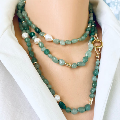 Baroque Green Aventurine & Fresh Water Pearls Necklace - 57 Inches of Hand-Knotted Elegance