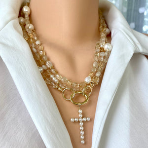 Golden Citrine & Freshwater Pearl Versatile Necklace, 61 'inches, Gold Plated