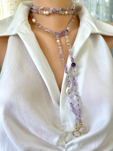 Lavender Amethyst & Freshwater Pearl Necklace, 61 'in, Gold Plated, February Birthstone