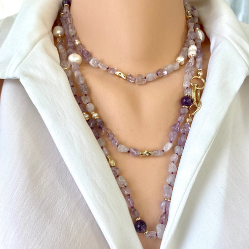 Lavender Amethyst & Freshwater Pearl Necklace, 61 'inches long