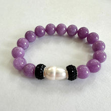 Load image into Gallery viewer, Chunky Lavender Jade Bracelet &amp; Sparkly Black Rhinestones, Stretchy Polymer Clay Bracelets, 7&quot;inches
