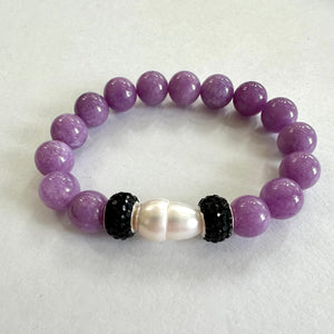 Chunky Lavender Jade Bracelet & Sparkly Black Rhinestones, Stretchy Polymer Clay Bracelets, 7"inches