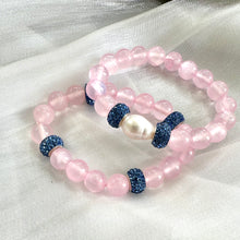 Load image into Gallery viewer, Chunky Pink Jade Bracelet &amp; Sparkly Blue Rhinestones, Stretchy Polymer Clay Bracelets
