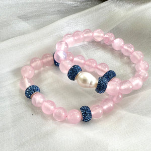 Chunky Pink Jade Bracelet & Sparkly Blue Rhinestones, Stretchy Polymer Clay Bracelets