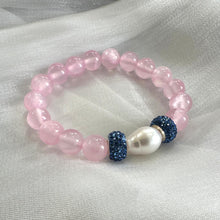 Load image into Gallery viewer, Chunky Pink Jade Bracelet &amp; Sparkly Blue Rhinestones, Stretchy Polymer Clay Bracelets
