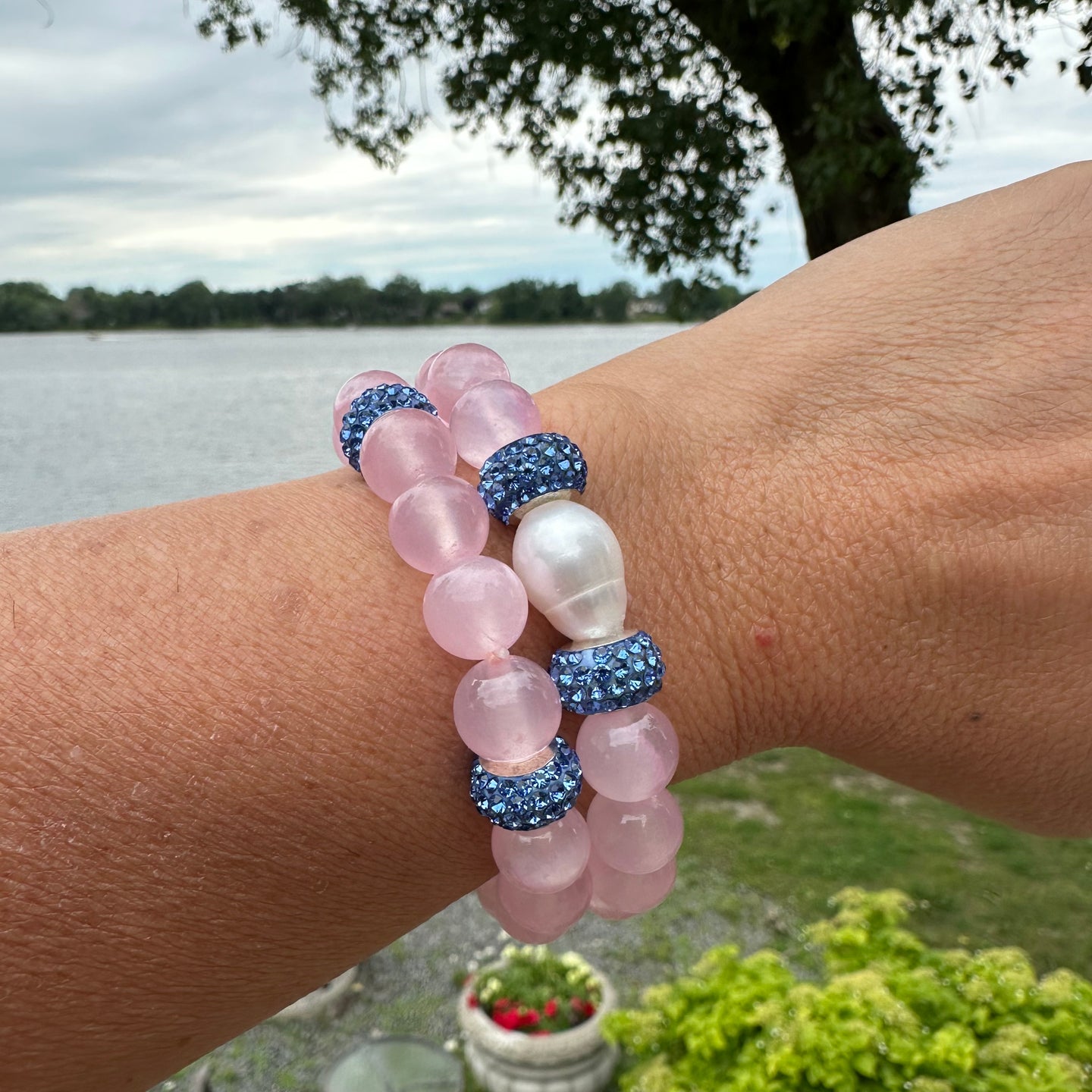 Chunky Pink Jade Bracelet & Sparkly Blue Rhinestones, Stretchy Polymer Clay Bracelets