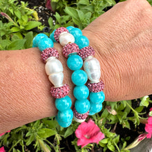 Load image into Gallery viewer, Teal Blue Jade Bracelet with Sparkly Pink Rhinestones, Stretchy Polymer Clay Bracelets
