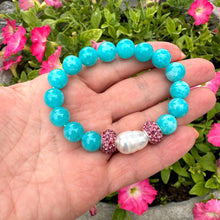 Load image into Gallery viewer, Teal Blue Jade Bracelet with Sparkly Pink Rhinestones, Stretchy Polymer Clay Bracelets
