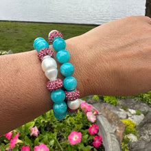 Load image into Gallery viewer, Teal Blue Jade Bracelet with Sparkly Pink Rhinestones, Stretchy Polymer Clay Bracelets
