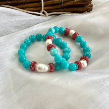 Load image into Gallery viewer, Teal Blue Jade Bracelet with Sparkly Pink Rhinestones, Stretchy Polymer Clay Bracelets
