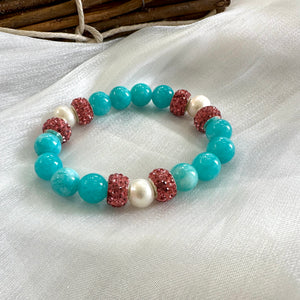 Teal Blue Jade Bracelet with Sparkly Pink Rhinestones, Stretchy Polymer Clay Bracelets