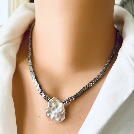 Hematite pearl necklace handmade in Canada