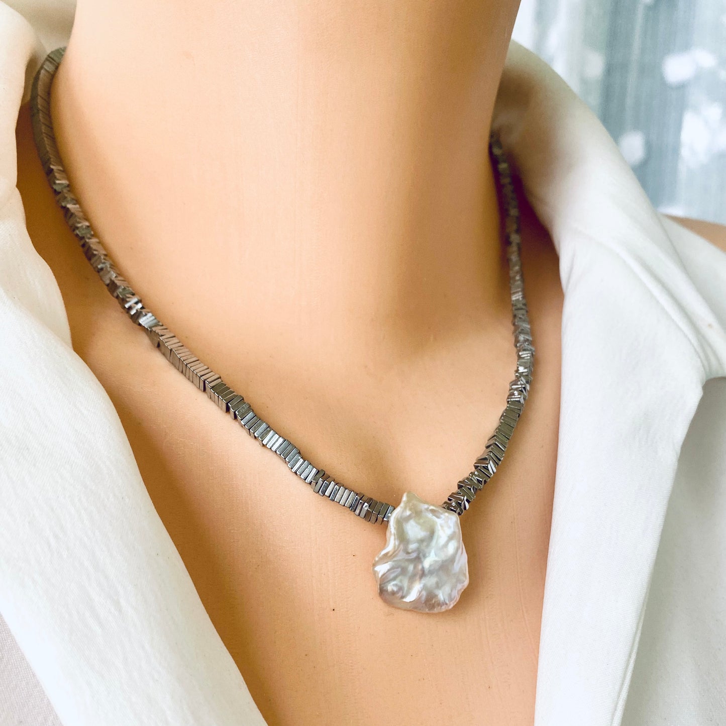 Hematite pearl necklace handmade in Canada