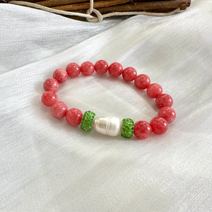 Chunky Red Jade Stretch Bracelet with Pearls