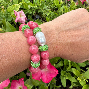 Chunky Red Jade Stretch Bracelet with Pearls