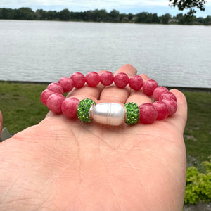 Chunky Red Jade Bracelet & Sparkly Blue or Green Rhinestones, Stretchy Polymer Clay Bracelet