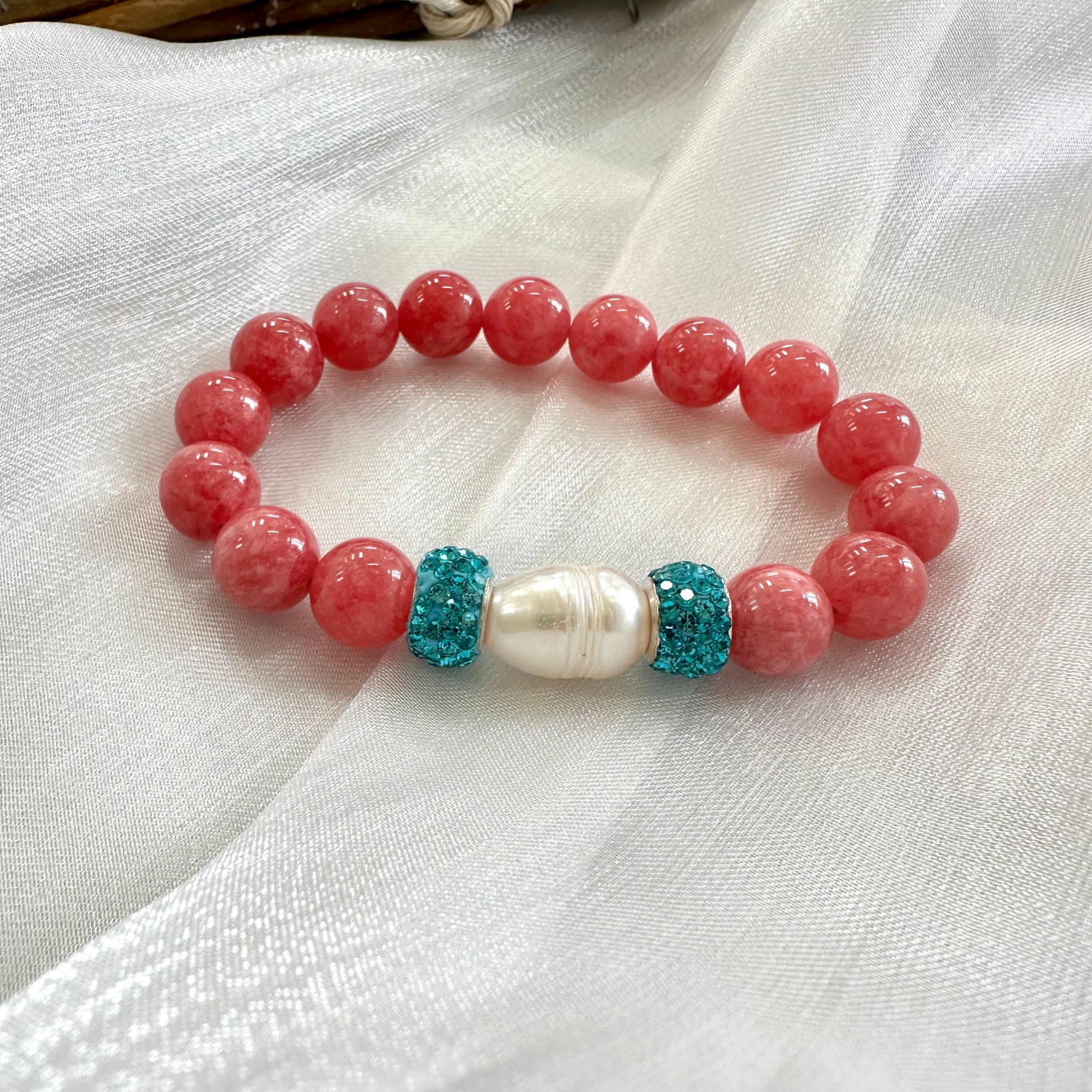 Chunky Red Jade Stretch Bracelet with Pearls