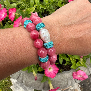 Chunky Red Jade Stretch Bracelet with Pearls