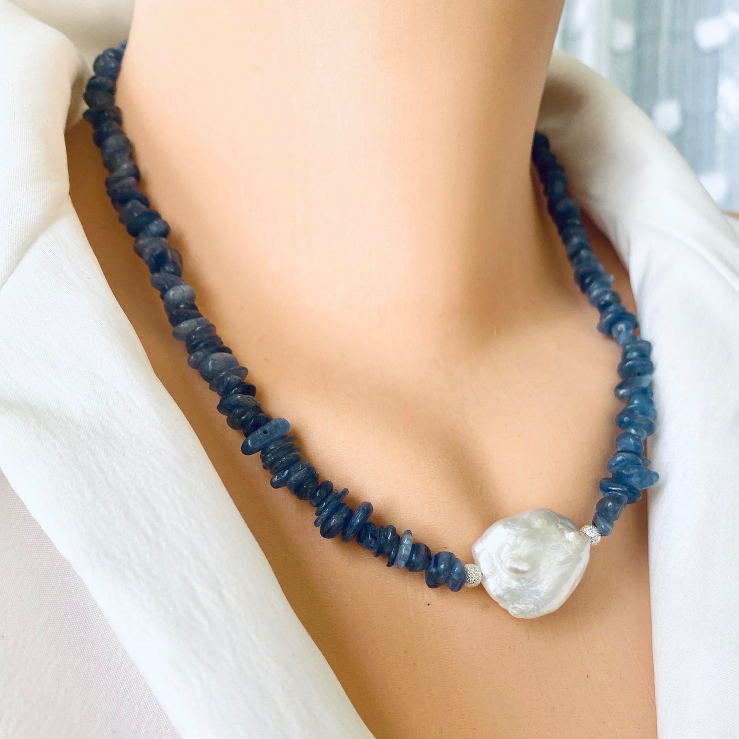 Blue Kyanite & Baroque Pearl Necklace, Silver Marine Clasp, 18.5