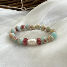 Carica l&#39;immagine nel visualizzatore di Gallery, Pale Blue Opal Sediment Jasper &amp; Freshwater Pearl Stretchy Bracelets with Pink Polymer Clay Rhinestones
