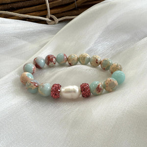 Pale Blue Opal Sediment Jasper & Pearl Stretch Bracelets