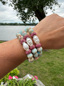 Pale Blue Opal Sediment Jasper & Pearl Stretch Bracelets