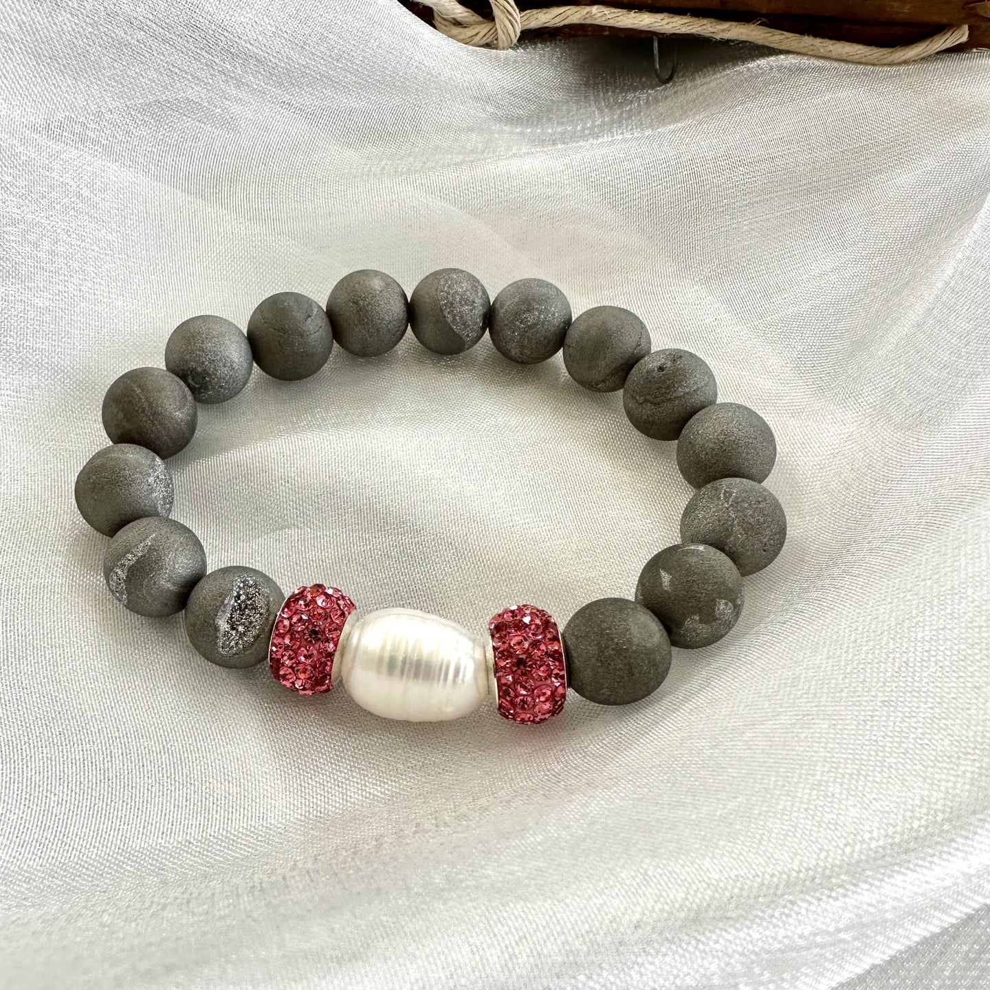 Silver Gray Druzy Agate Beads & Pearl Stretch Bracelet with Pink Polymer Clay Rhinestones, 7