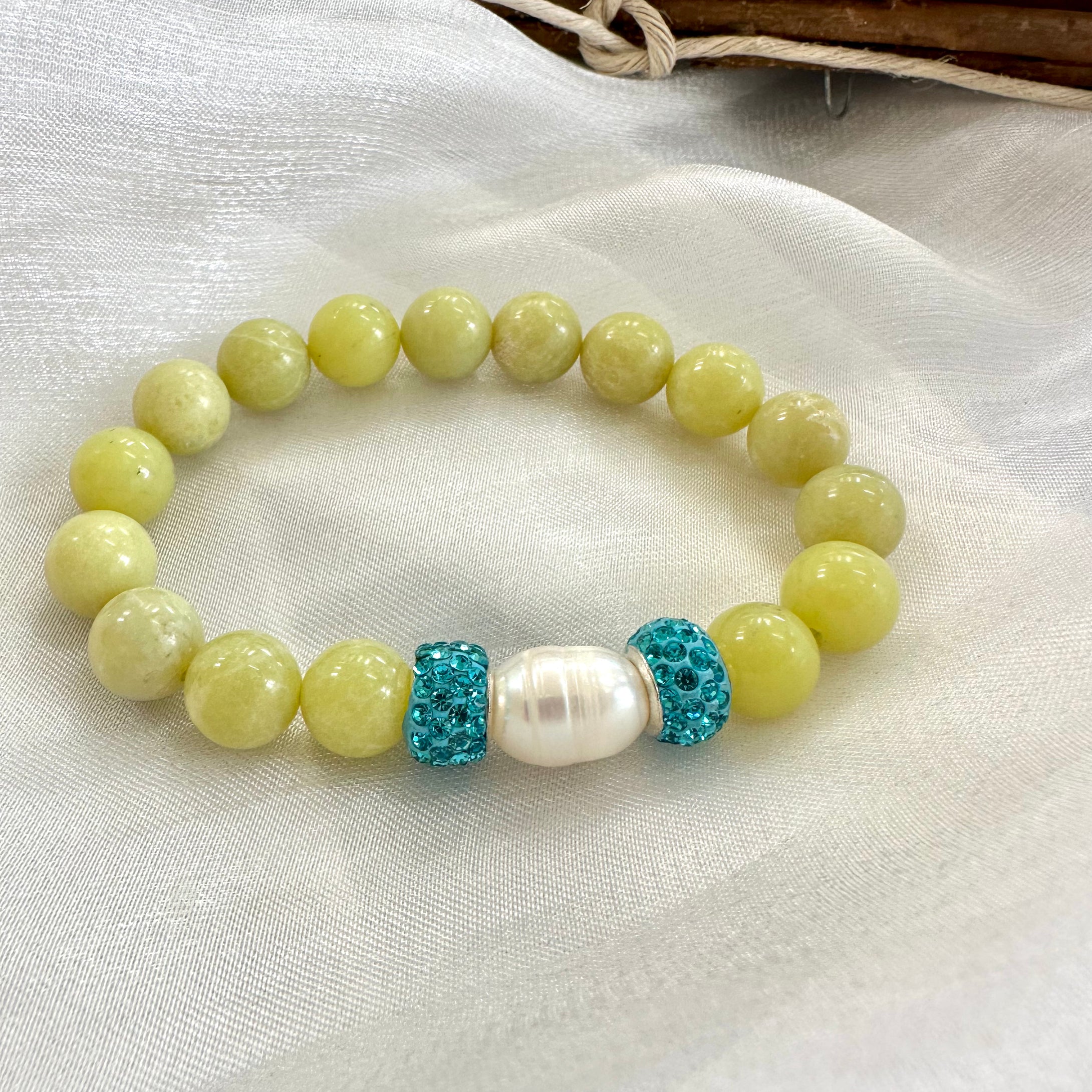 Olive Green Jade Bracelet & Pearls