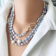Lade das Bild in den Galerie-Viewer, Blue Lace Agate &amp; Freshwater Pearl Necklace, 58 &#39;in Long Layered Necklace, Gold Plated
