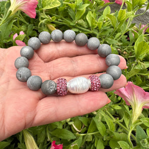 Silver Gray Druzy Agate Beads & Pearl Stretch Bracelet with Pink Polymer Clay Rhinestones, 7"inches