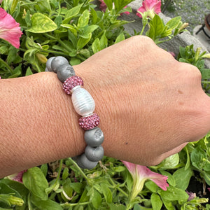 Silver Gray Druzy Agate Beads & Pearl Stretch Bracelet with Pink Polymer Clay Rhinestones, 7"inches