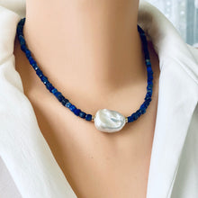 Lade das Bild in den Galerie-Viewer, Delicate Lapis Lazuli Beaded Necklace with Fresh Water White Baroque Pearl, 17&quot;inches
