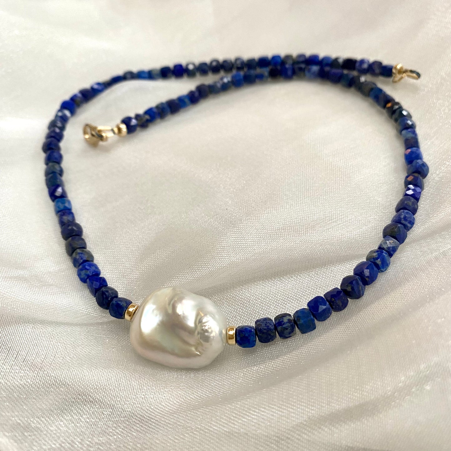 Handcrafted delicate lapis lazuli baroque pearl necklace with gold filled clasp