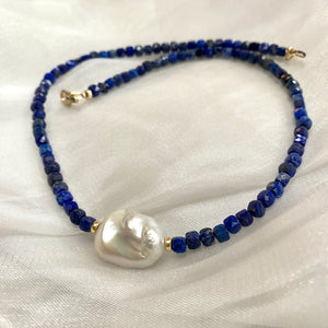 Delicate Lapis Lazuli Beaded Necklace with Fresh Water White Baroque Pearl, 17"inches