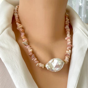 Elegant Pink Opal Chips and Large Freshwater Baroque Pearl Necklace with Gold Filled Beads & Closure, 18.5"inch