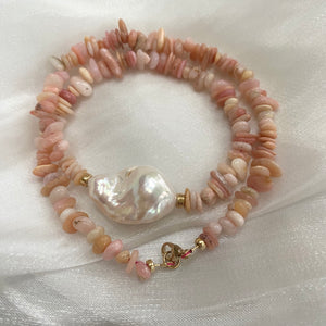 Statement Necklace featuring; Pink Opal Chips and Large Freshwater Baroque Pearl Necklace with Gold Filled Beads & Closure, 18.5"inch