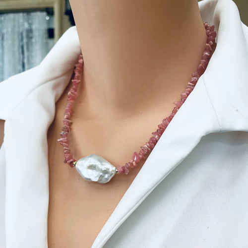 Elegant Pink Rhodochrosite Chips and Freshwater Baroque Pearl Necklace with Gold Filled Details, 18.5