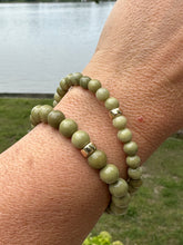 Charger l&#39;image dans la galerie, Genuine Beaded Olive Green Jasper Stretchy Bracelet in 6 or 8mm, Gold Filled, 7&quot;inches
