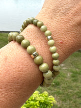 Load image into Gallery viewer, Genuine Beaded Olive Green Jasper Stretchy Bracelet in 6 or 8mm, Gold Filled, 7&quot;inches
