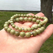 Charger l&#39;image dans la galerie, Genuine Beaded Olive Green Jasper Stretchy Bracelet in 6 or 8mm, Gold Filled, 7&quot;inches
