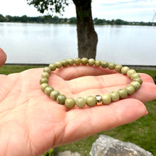 Load image into Gallery viewer, Genuine Beaded Olive Green Jasper Stretchy Bracelet in 6 or 8mm, Gold Filled, 7&quot;inches
