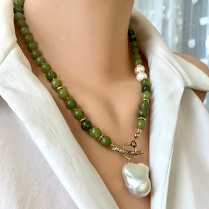 Olive Green Jade Beaded Necklace With Artisan Toggle Clasp and Freshwater Baroque Pearl Pendant